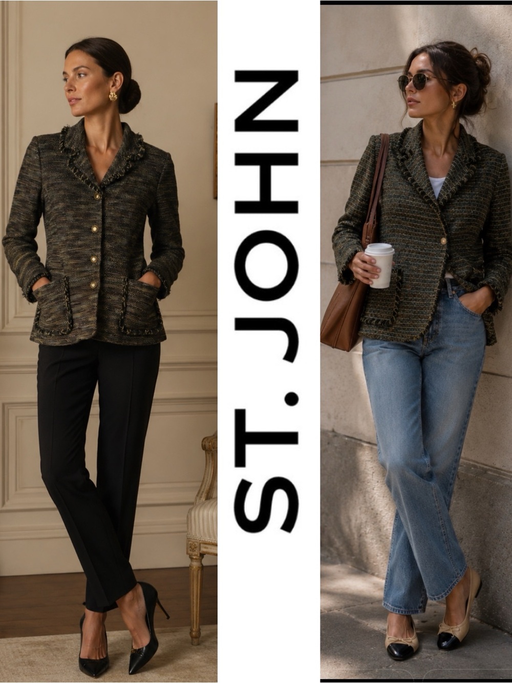 ST JOHN Collection Tweed  Button Front Jacket Fringe size 6 old money, luxury